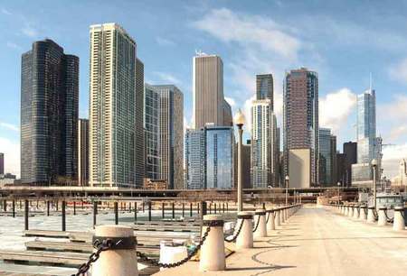 Chicago Skyline from pier south of Navy Pier