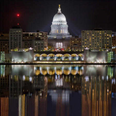 Skyline at night, Monona Terrace & Madison, WI Capitol building.